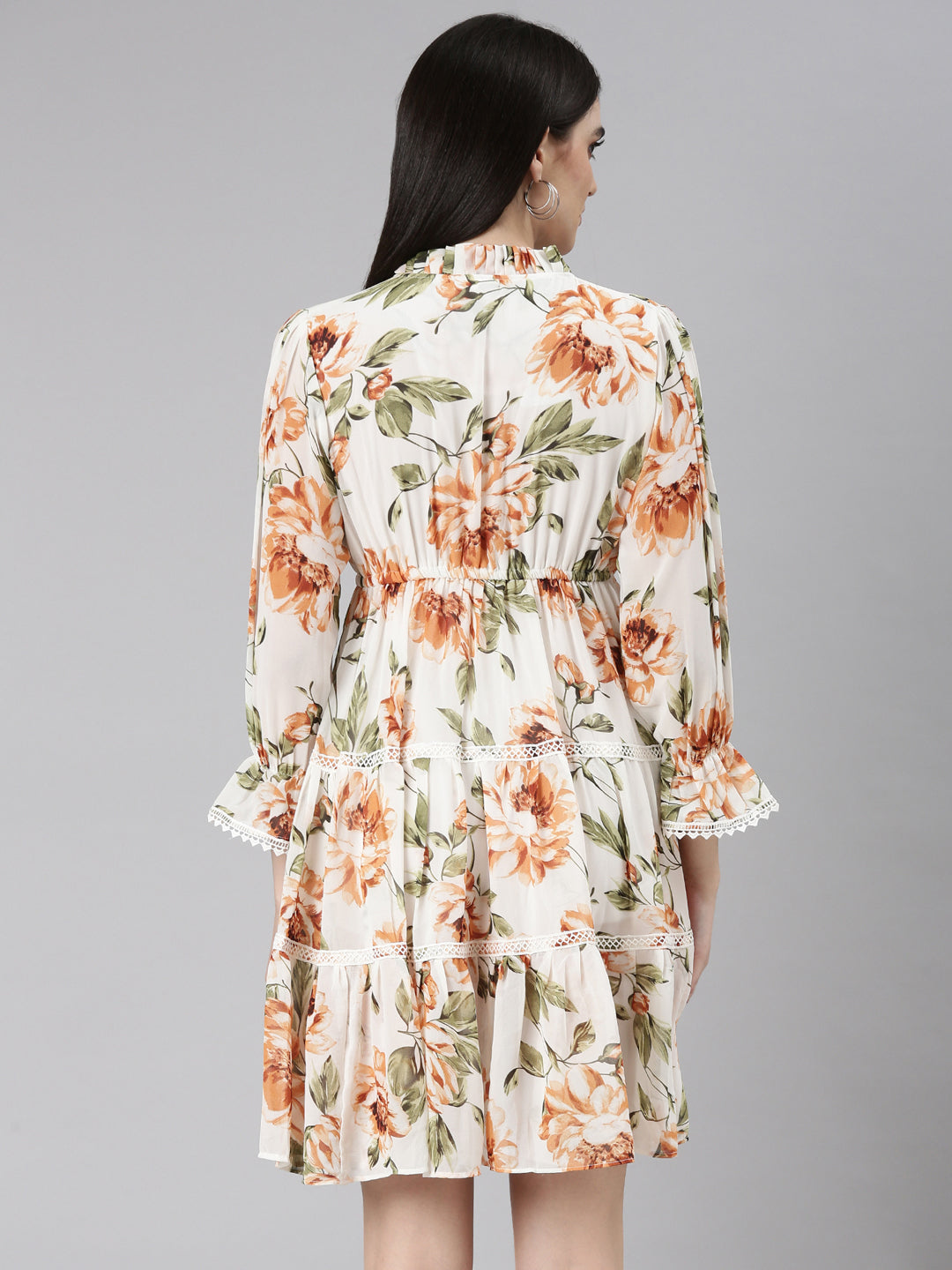 Women's Off White Floral Print Tie-Up Neck Fit & Flare Dress