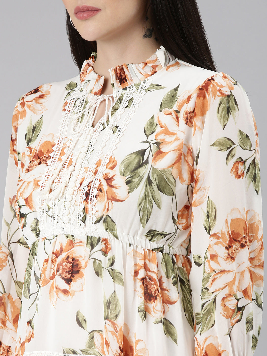 Women's Off White Floral Print Tie-Up Neck Fit & Flare Dress