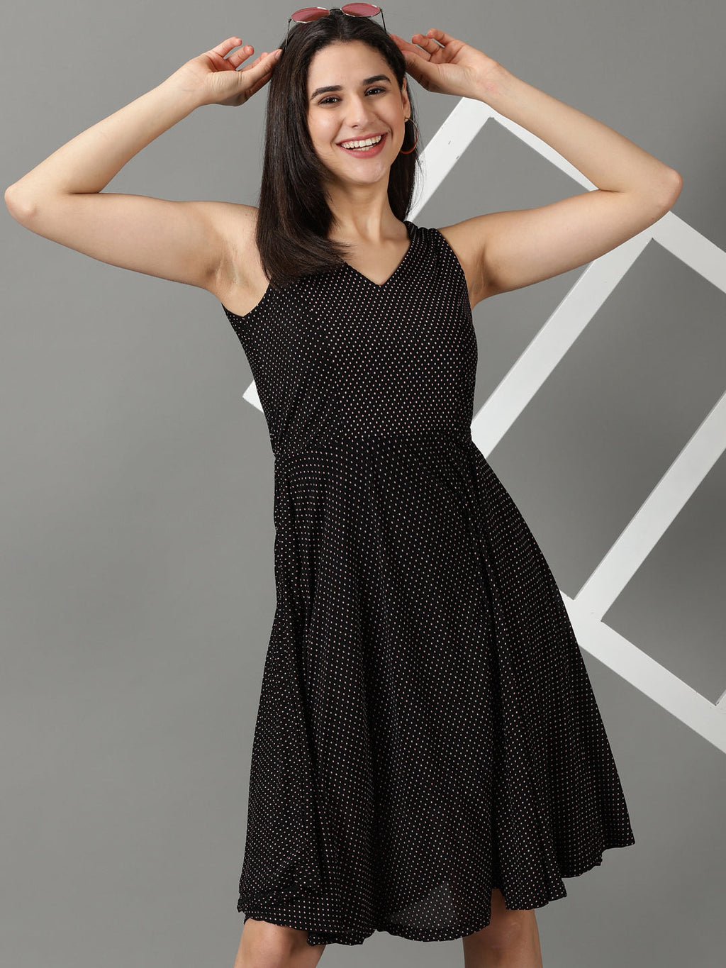 Women's Black Polka Dots Printed V-Neck Fit & Flare Dress