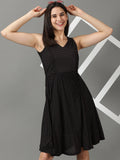 Women's Black Polka Dots Printed V-Neck Fit & Flare Dress