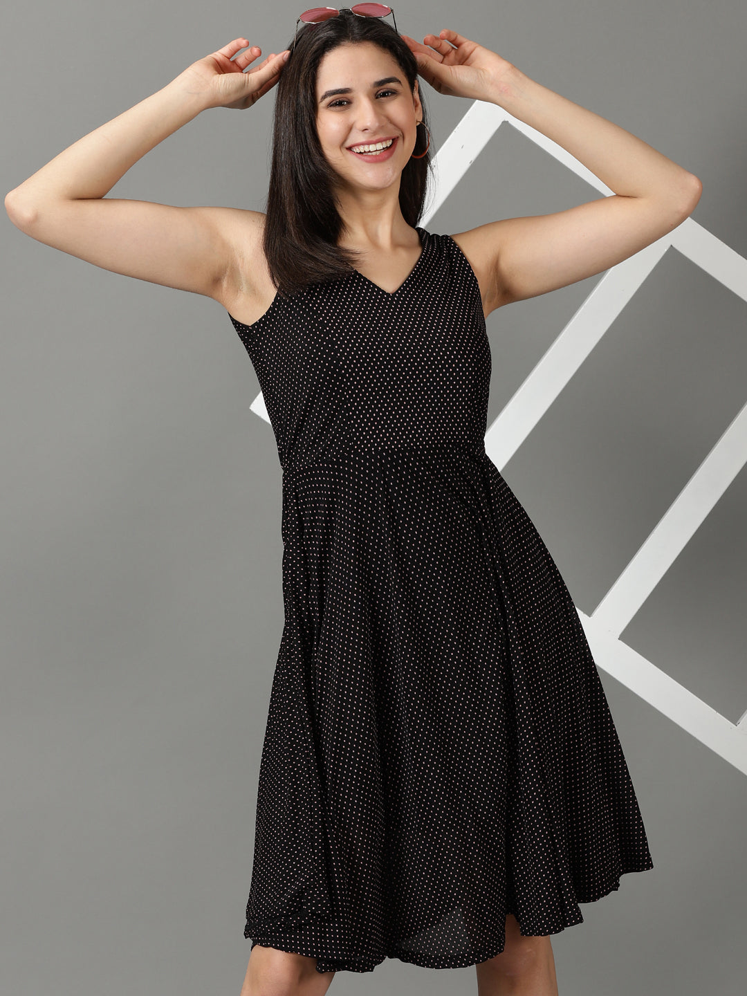 Women's Black Polka Dots Printed V-Neck Fit & Flare Dress