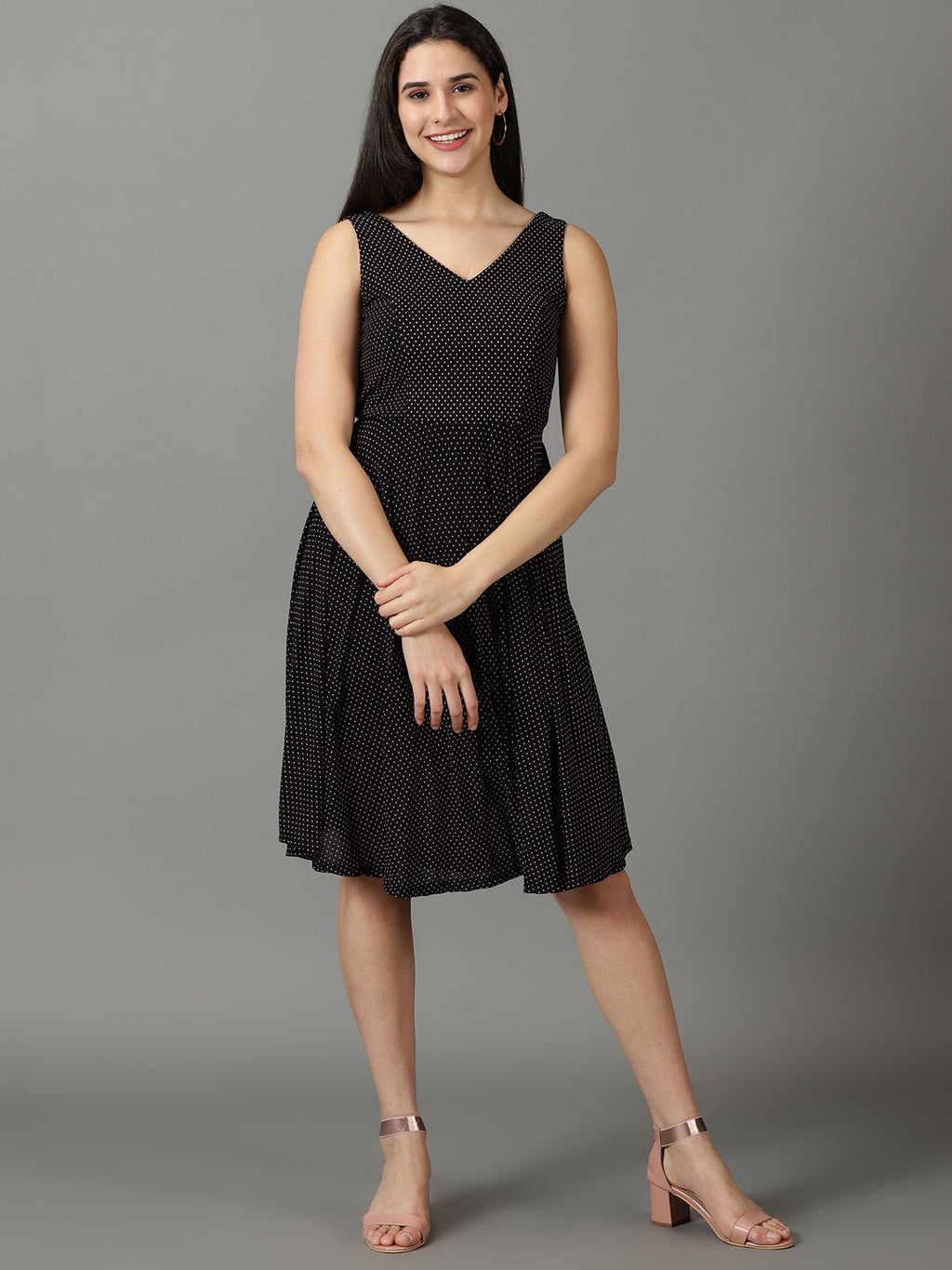 Women's Black Polka Dots Printed V-Neck Fit & Flare Dress