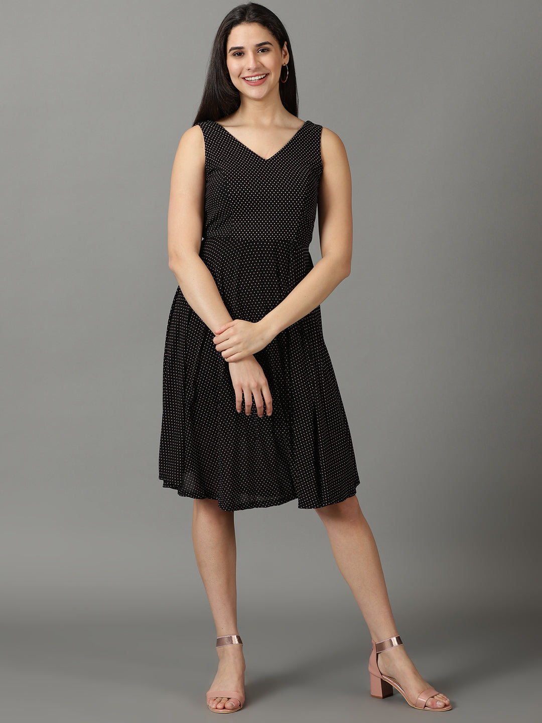 Women's Black Polka Dots Printed V-Neck Fit & Flare Dress