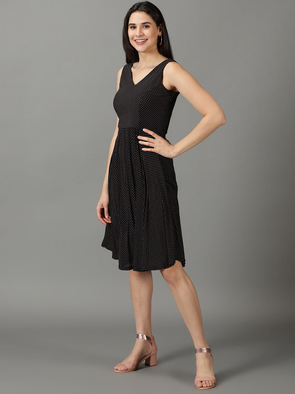 Women's Black Polka Dots Printed V-Neck Fit & Flare Dress