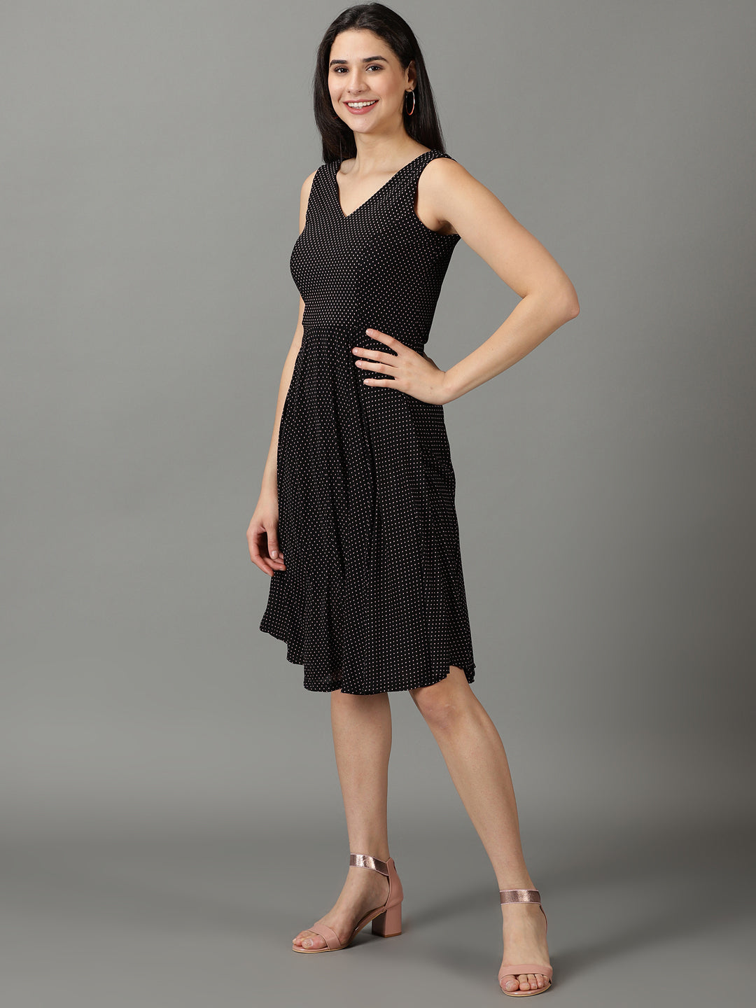 Women's Black Polka Dots Printed V-Neck Fit & Flare Dress