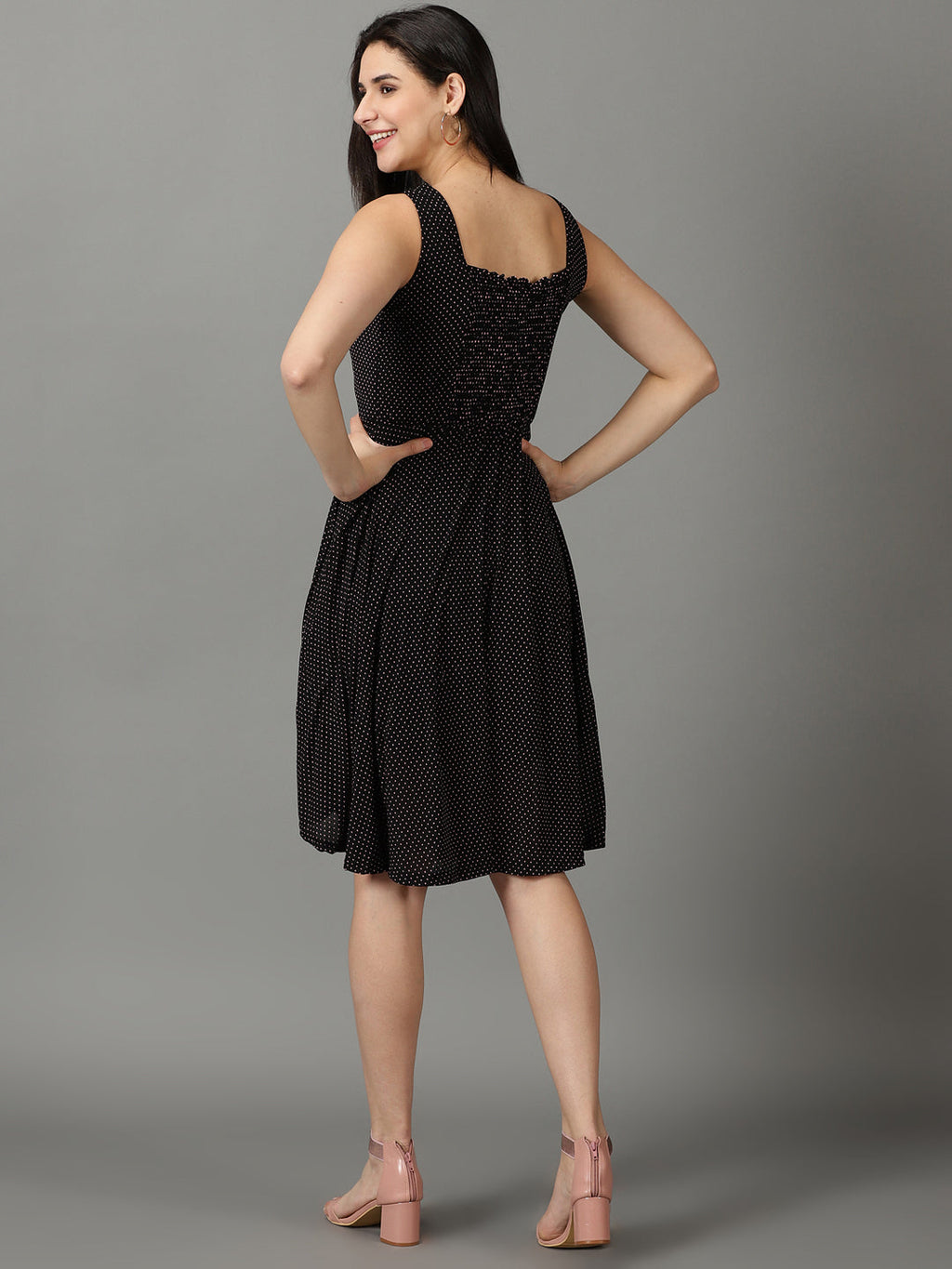 Women's Black Polka Dots Printed V-Neck Fit & Flare Dress