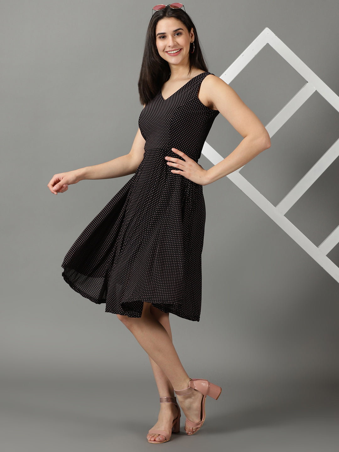 Women's Black Polka Dots Printed V-Neck Fit & Flare Dress