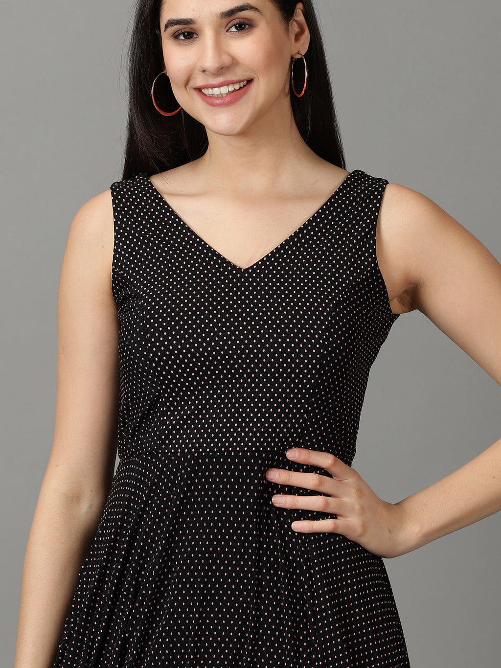 Women's Black Polka Dots Printed V-Neck Fit & Flare Dress