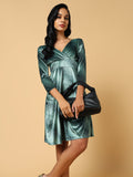 Women's Green Tie & Dyed V-Neck Fit and Flare Dress