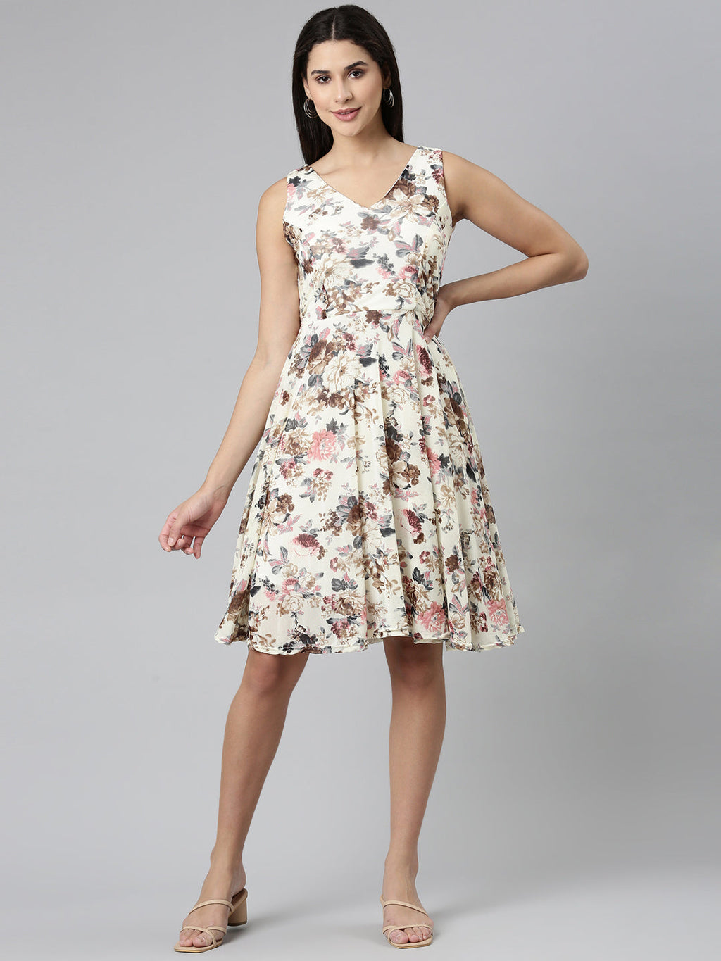 Women's Cream Floral Printed V-Neck Fit & Flare Dress