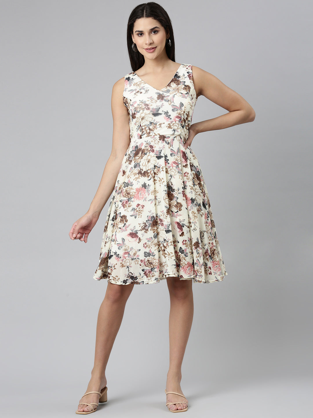 Women's Cream Floral Printed V-Neck Fit & Flare Dress
