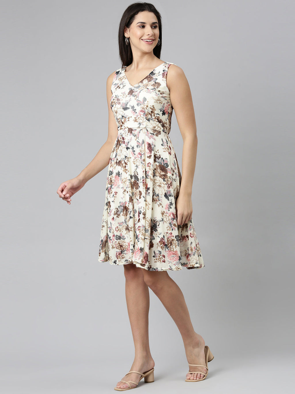 Women's Cream Floral Printed V-Neck Fit & Flare Dress