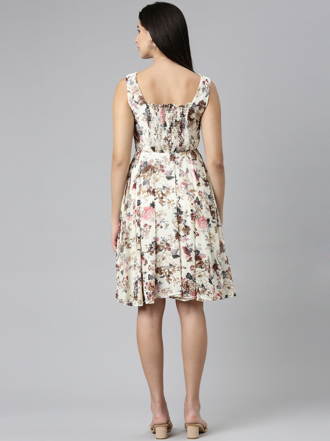 Women's Cream Floral Printed V-Neck Fit & Flare Dress