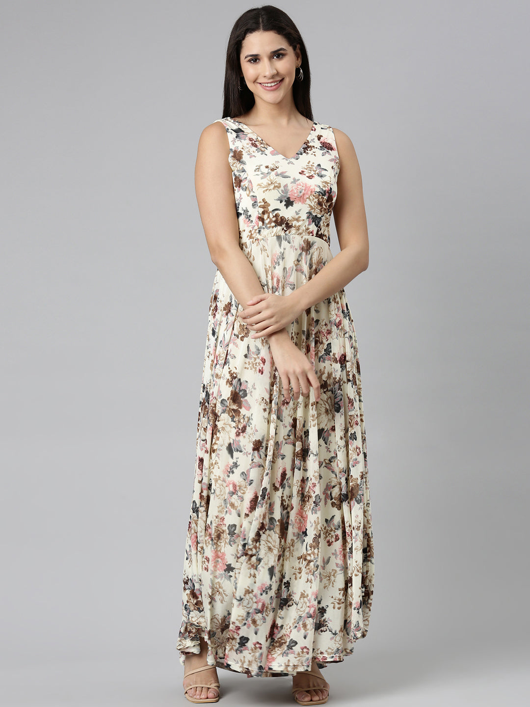 Women's Cream Floral Printed V-Neck Smocked Detailed Fit and Flare Dress
