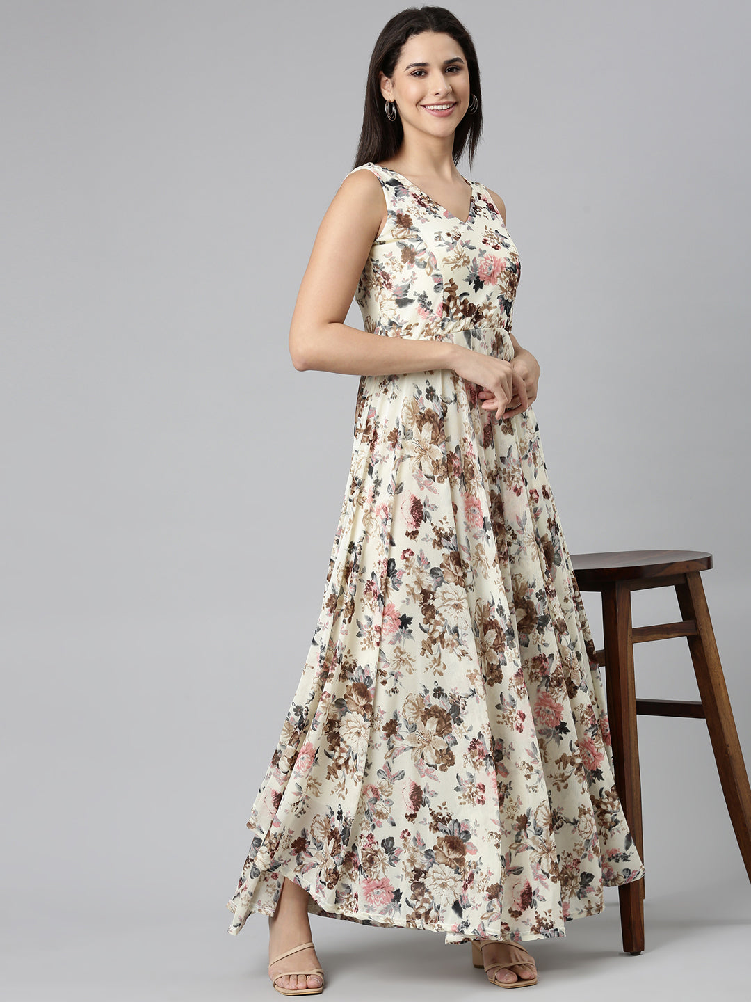 Women's Cream Floral Printed V-Neck Smocked Detailed Fit and Flare Dress