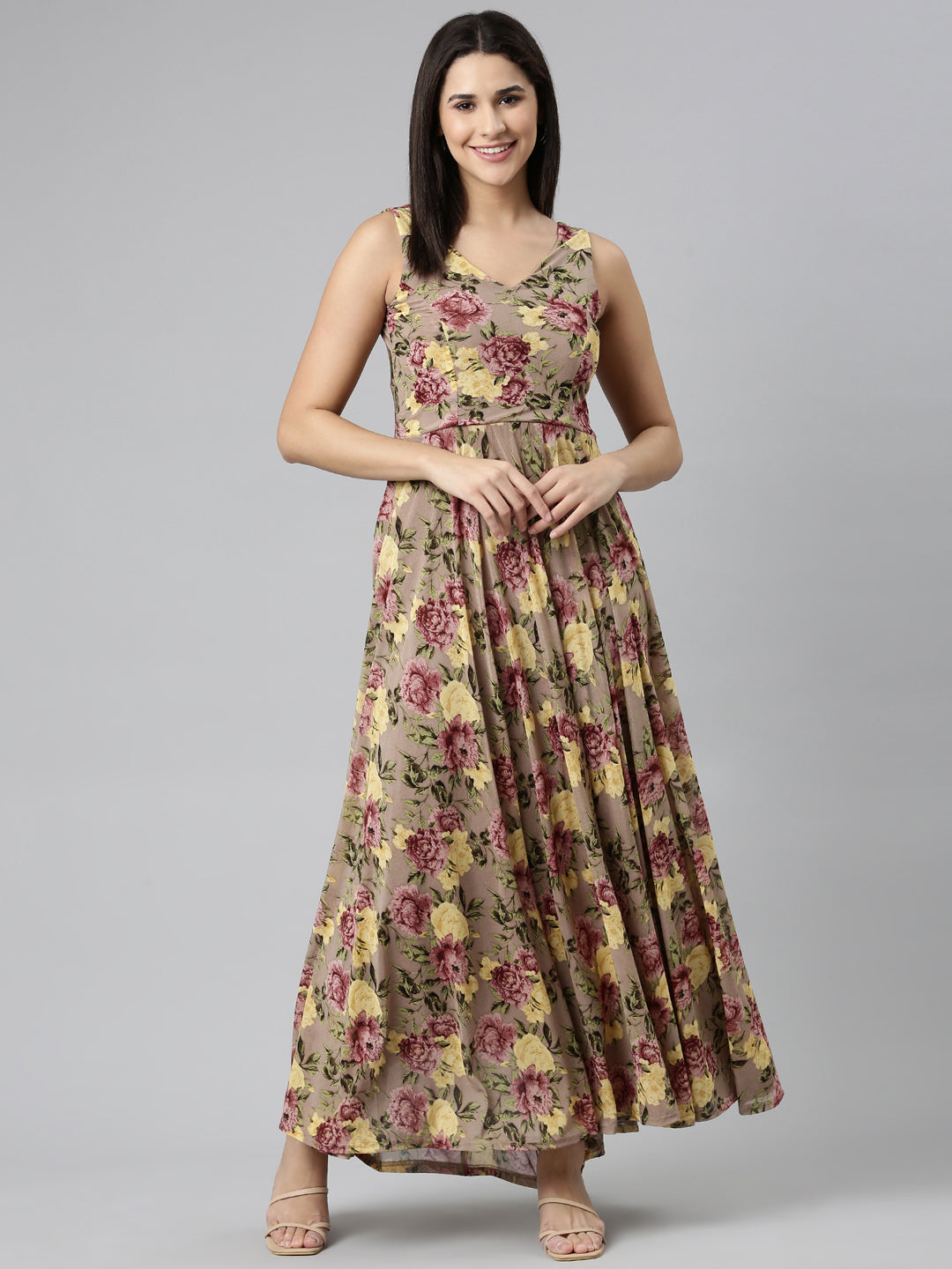 Women's Taupe Floral Printed Smocked Fit & Flare Maxi Dress