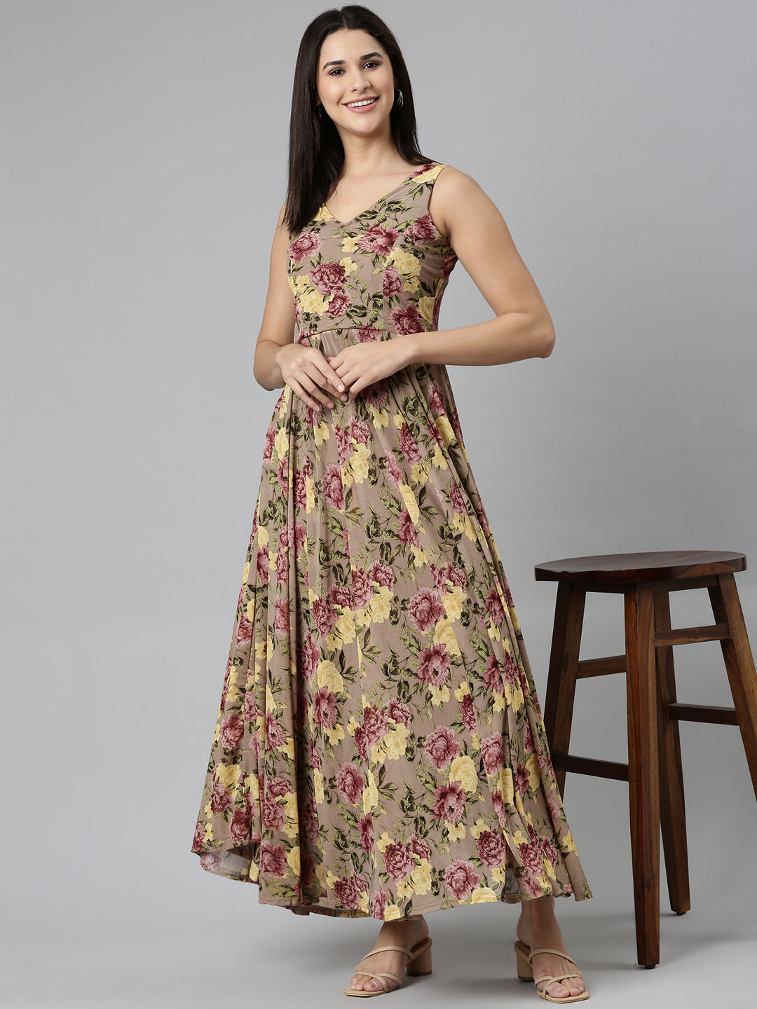 Women's Taupe Floral Printed Smocked Fit & Flare Maxi Dress