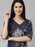Women's Navy Blue Floral Print V-Neck Gown Maxi Dress