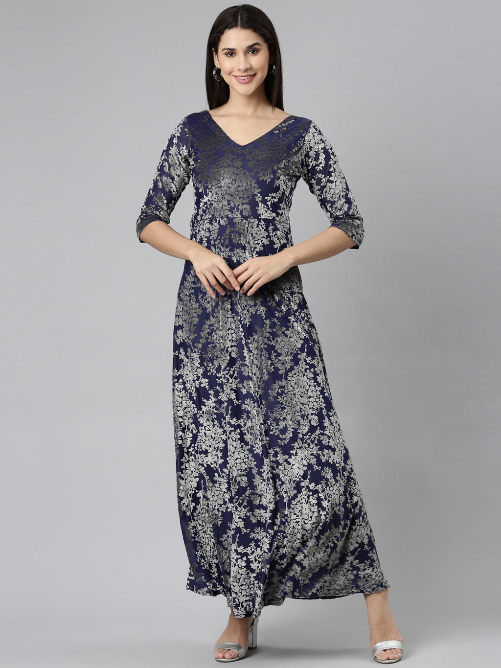 Women's Navy Blue Floral Print V-Neck Gown Maxi Dress