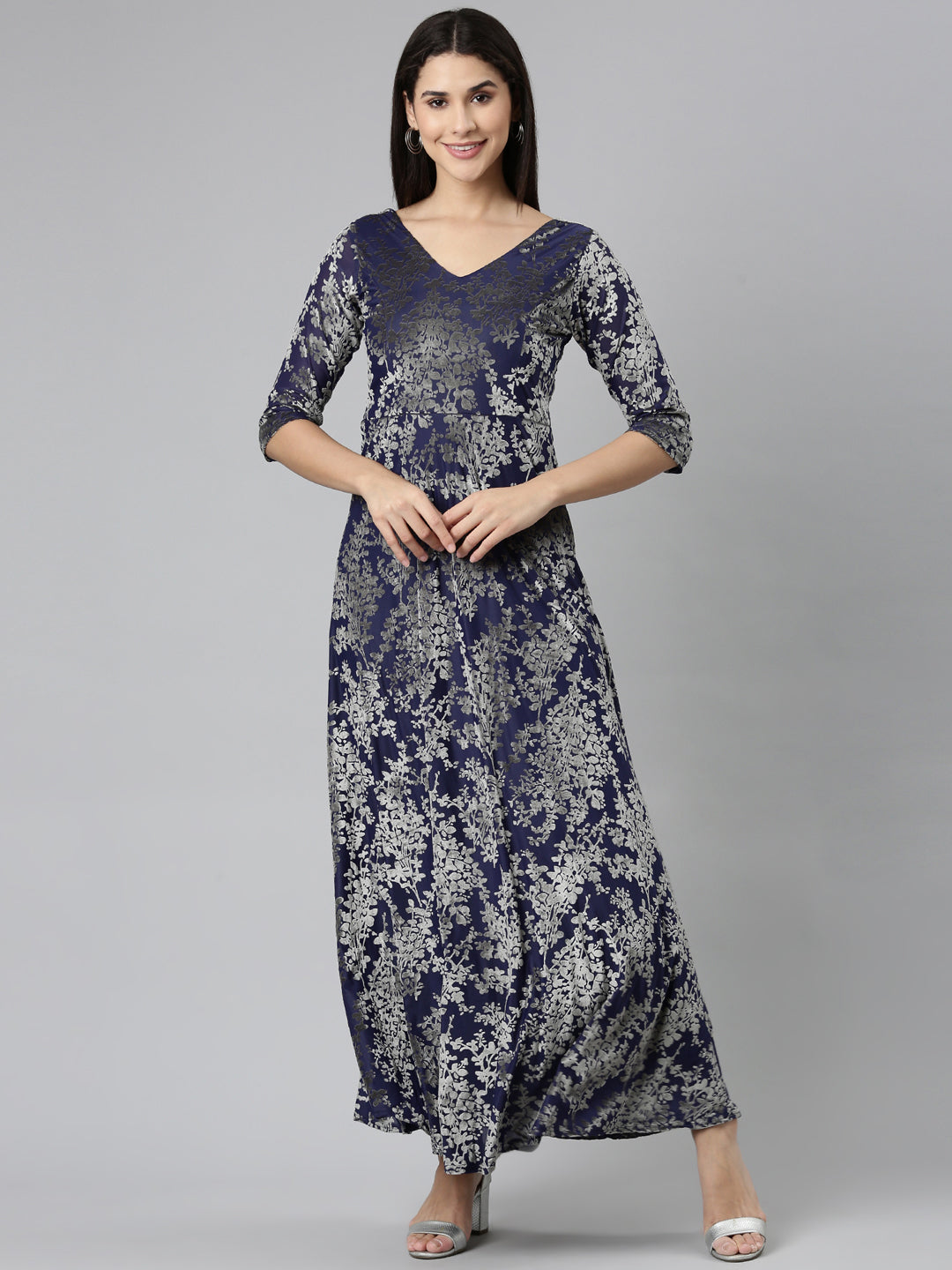 Women's Navy Blue Floral Print V-Neck Gown Maxi Dress