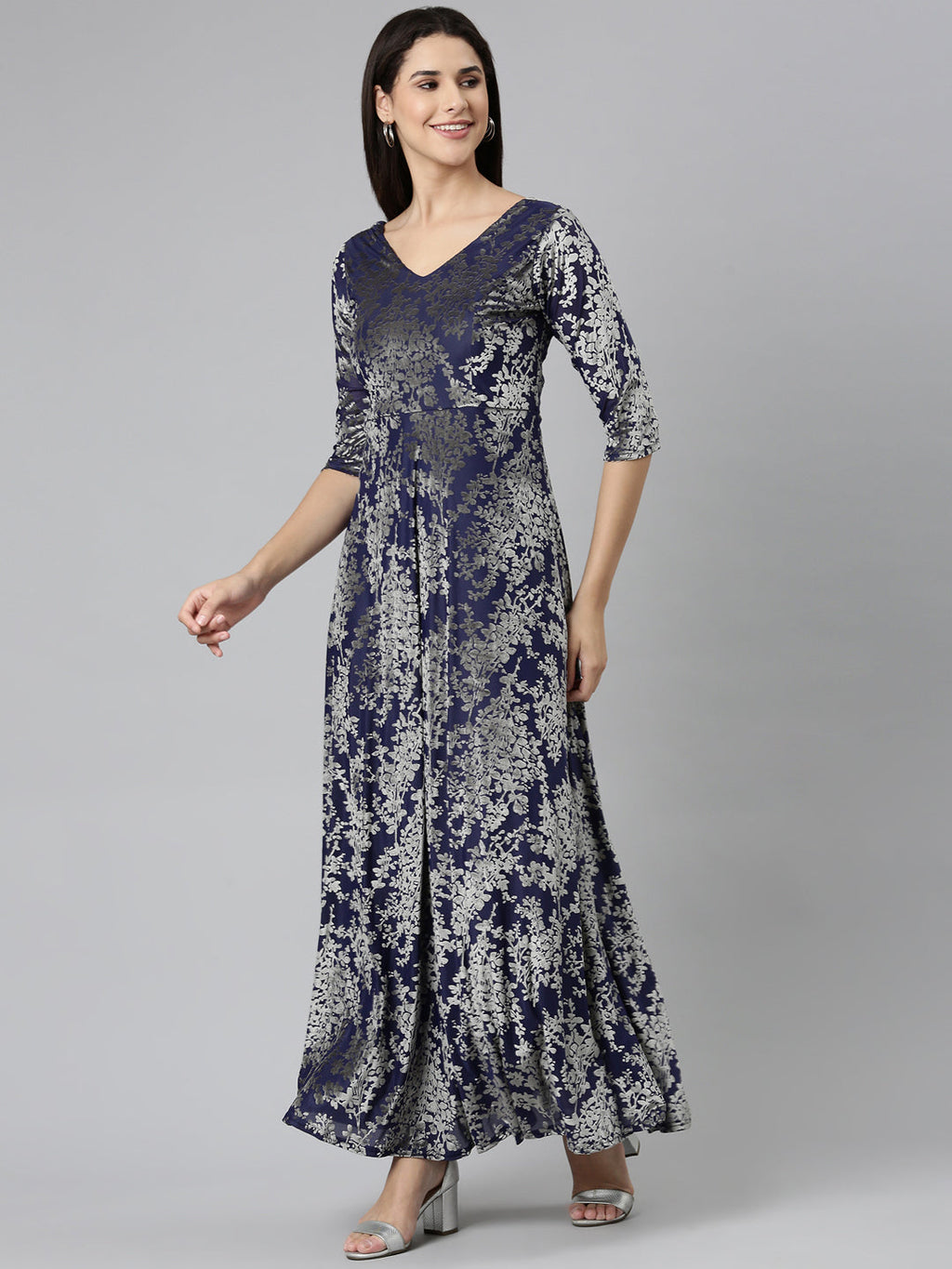 Women's Navy Blue Floral Print V-Neck Gown Maxi Dress