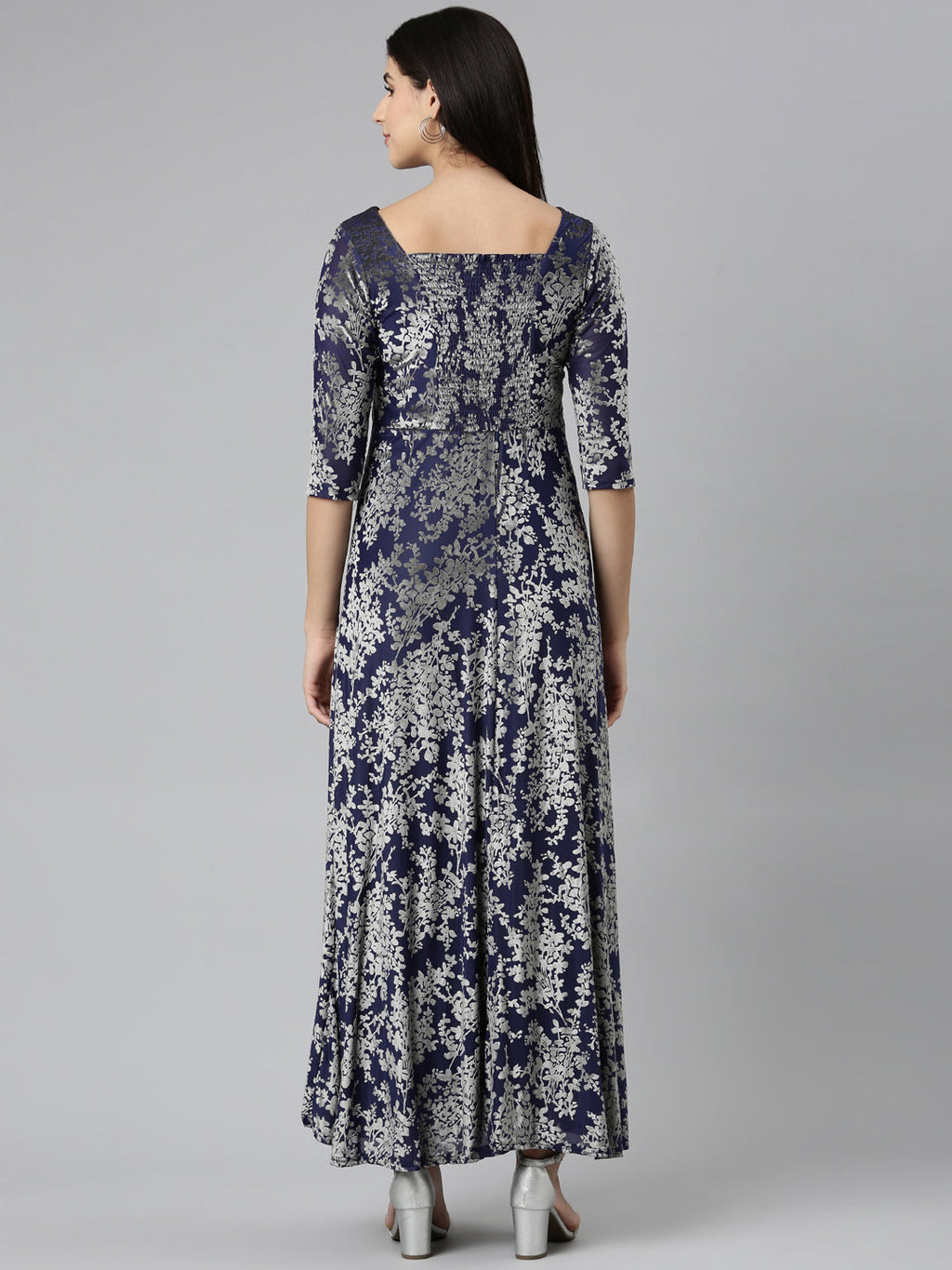 Women's Navy Blue Floral Print V-Neck Gown Maxi Dress