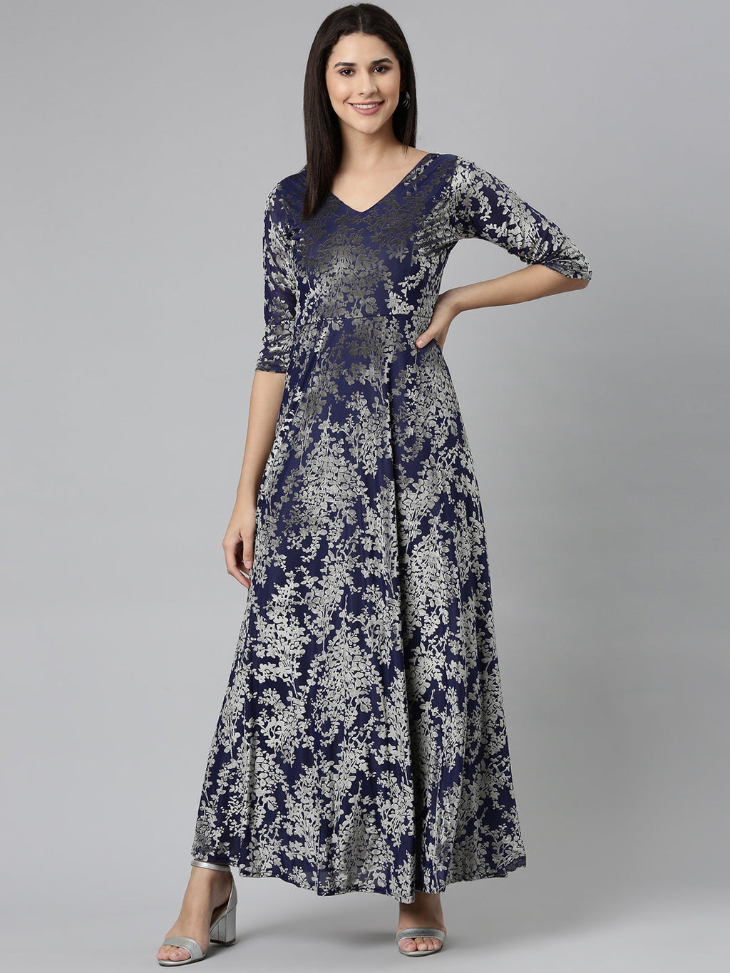 Women's Navy Blue Floral Print V-Neck Gown Maxi Dress