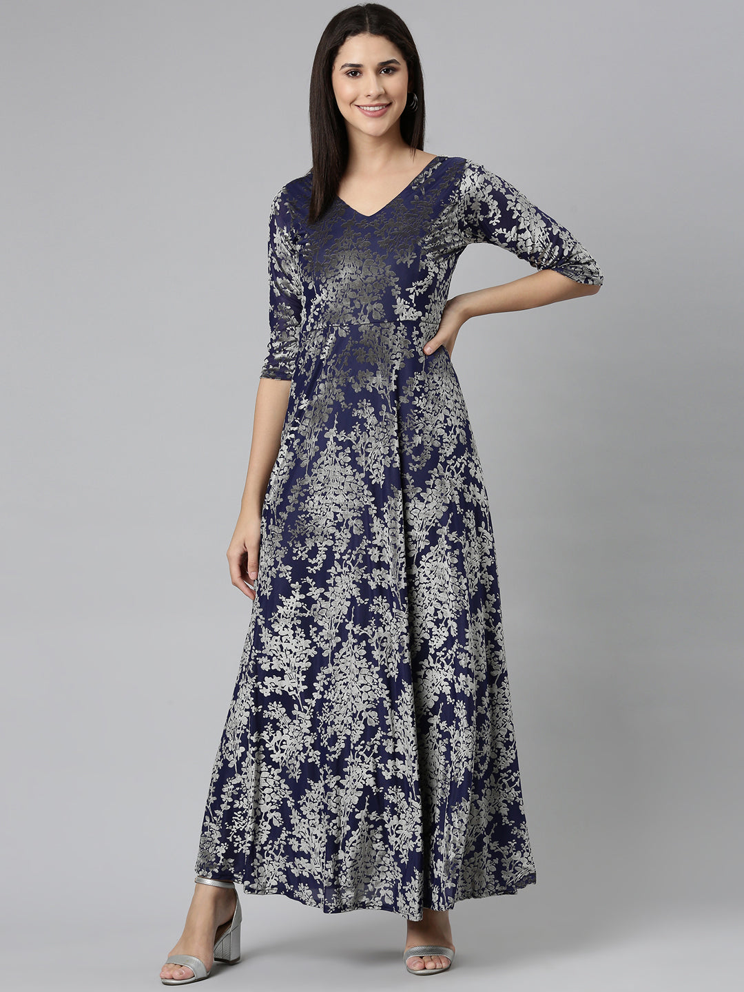 Women's Navy Blue Floral Print V-Neck Gown Maxi Dress