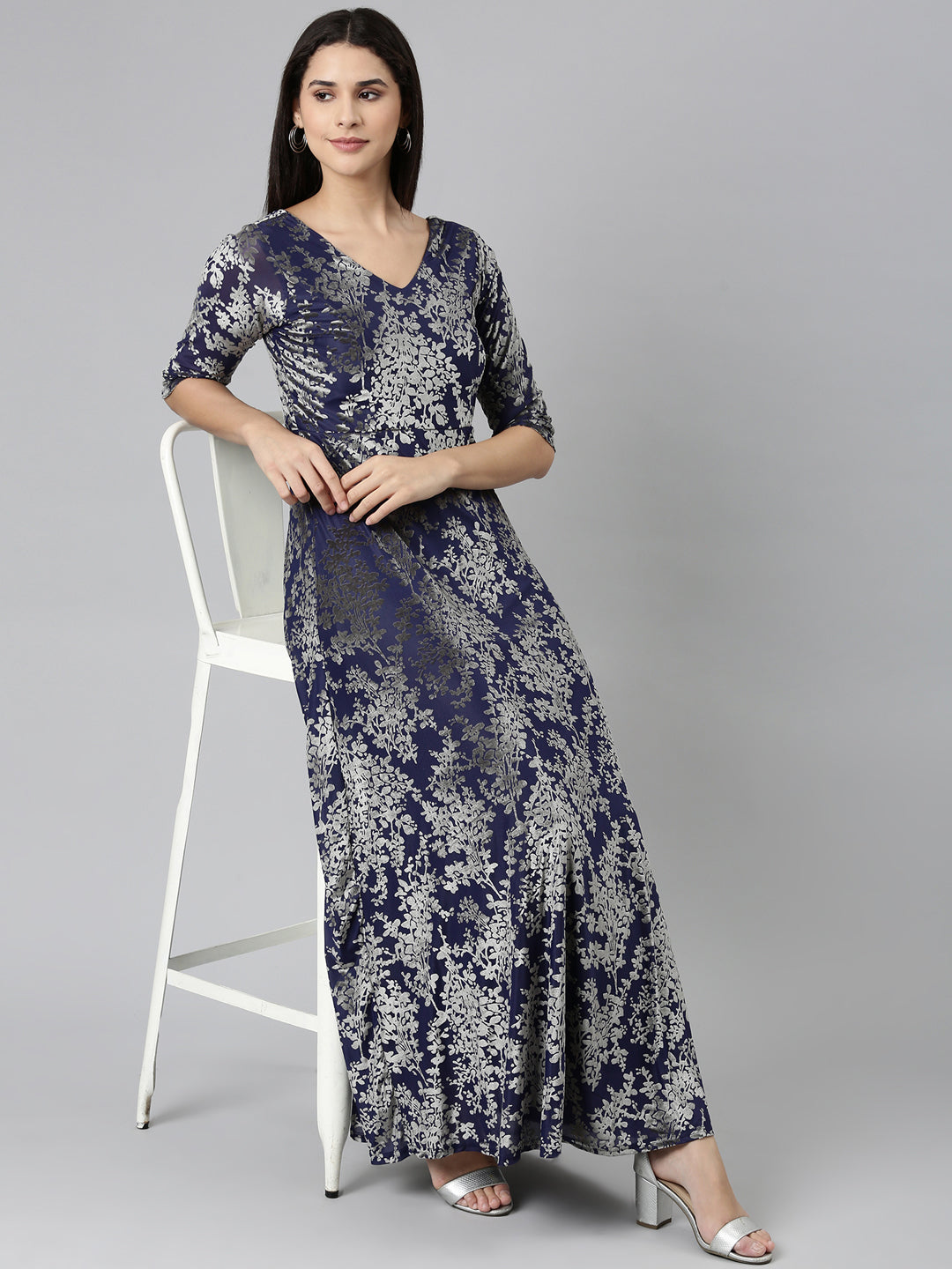 Women's Navy Blue Floral Print V-Neck Gown Maxi Dress
