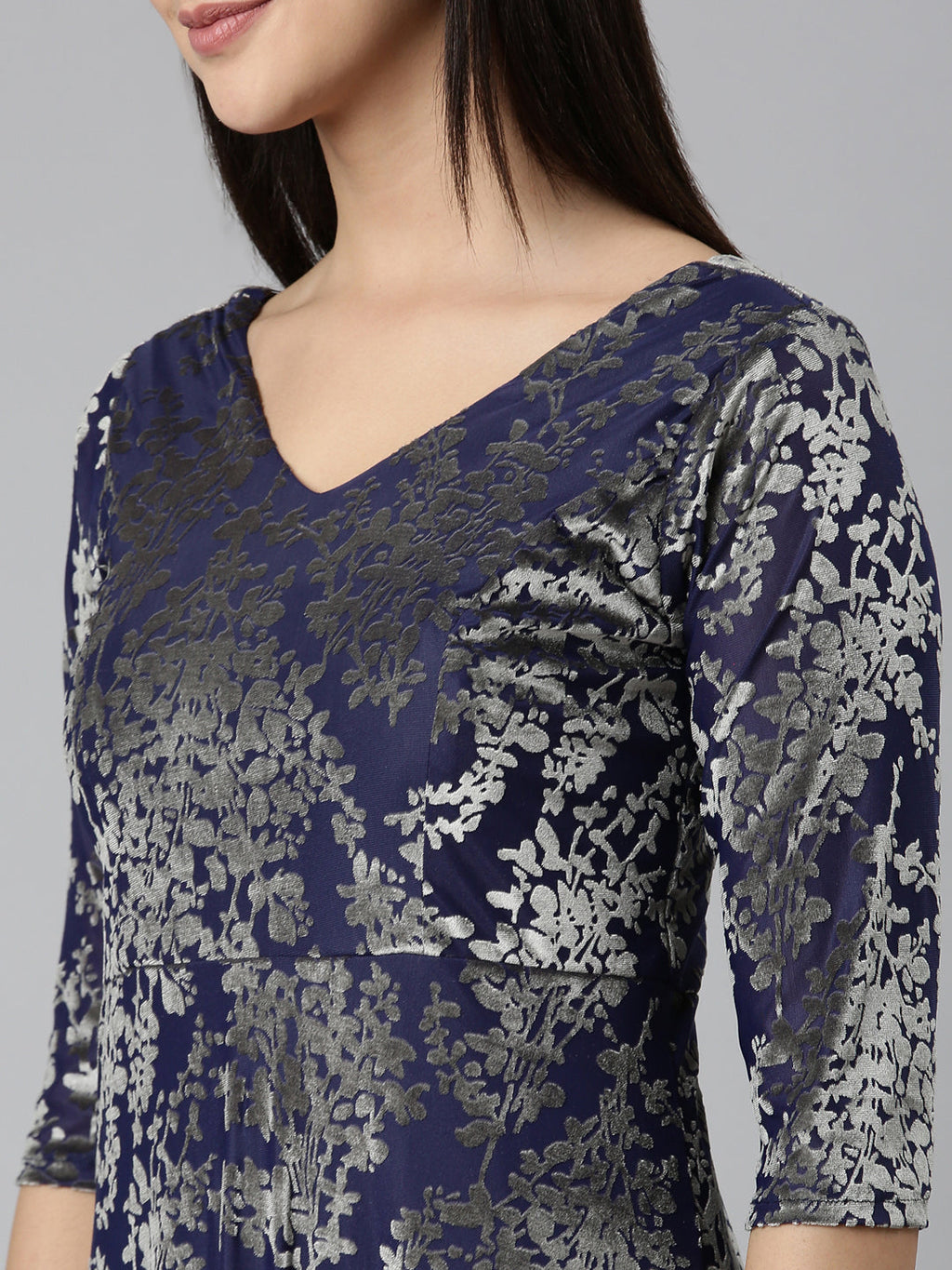Women's Navy Blue Floral Print V-Neck Gown Maxi Dress