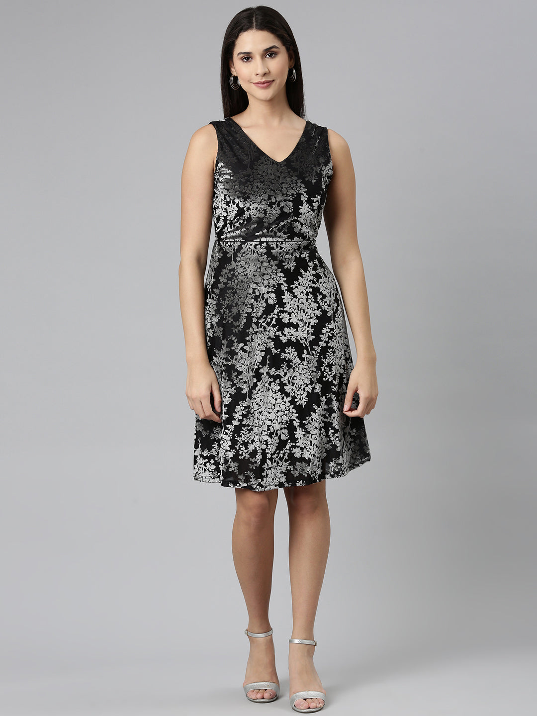 Women's Black Self Design Embellished Floral Fit & Flare Dress