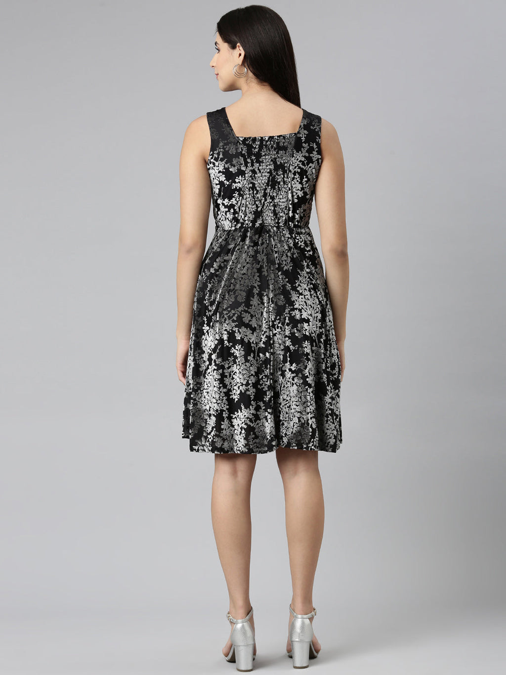 Women's Black Self Design Embellished Floral Fit & Flare Dress