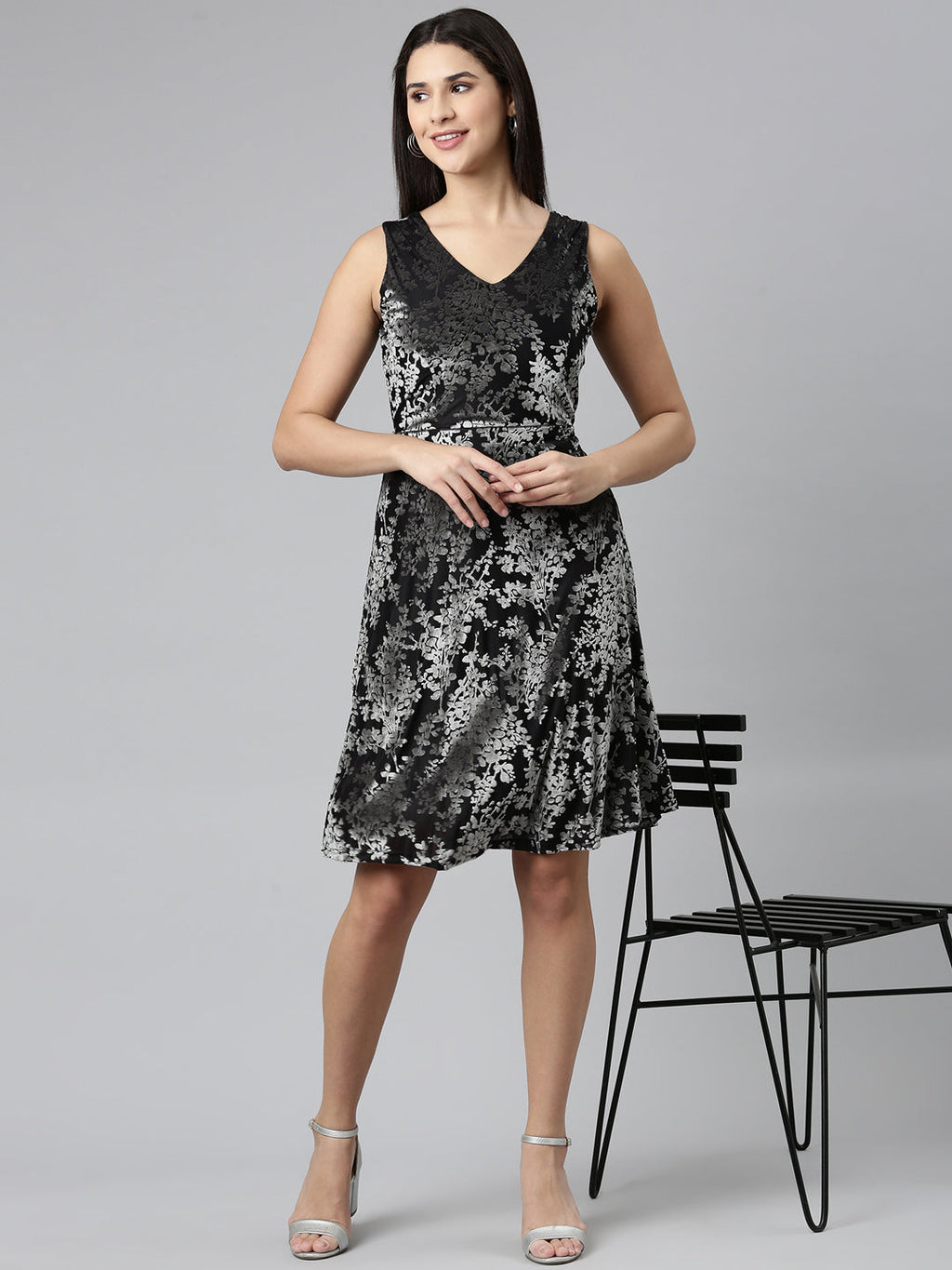 Women's Black Self Design Embellished Floral Fit & Flare Dress