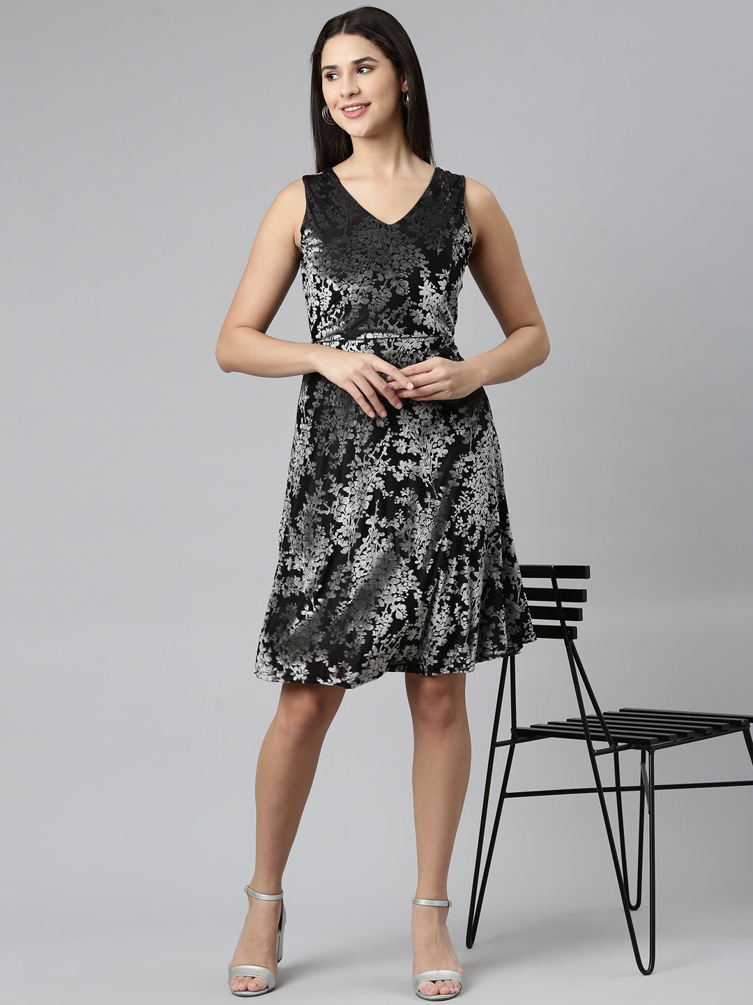 Women's Black Self Design Embellished Floral Fit & Flare Dress