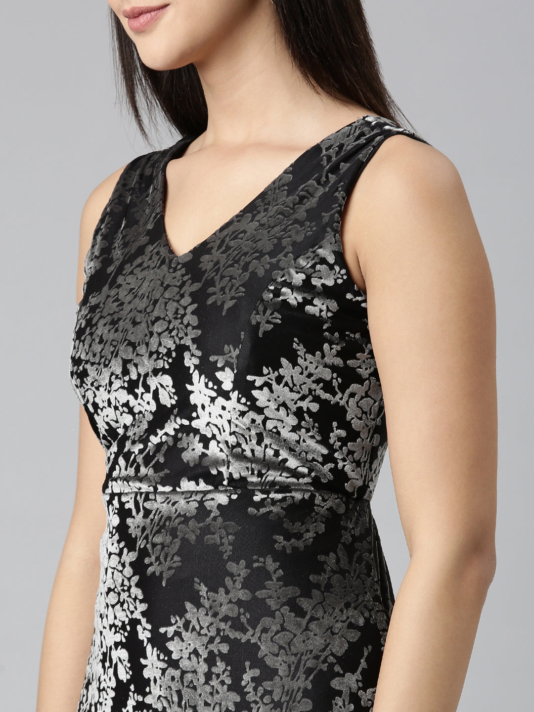 Women's Black Self Design Embellished Floral Fit & Flare Dress