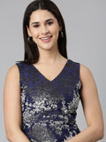 Women's Navy Blue Floral Print V-Neck Smocked Fit & Flare Dress