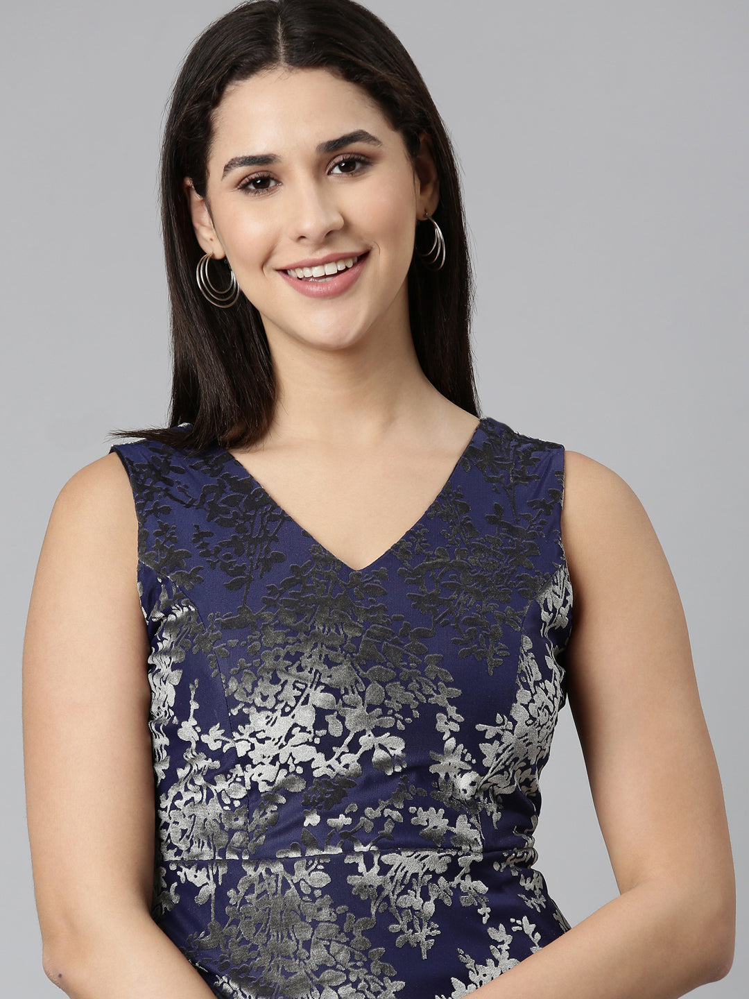 Women's Navy Blue Floral Print V-Neck Smocked Fit & Flare Dress
