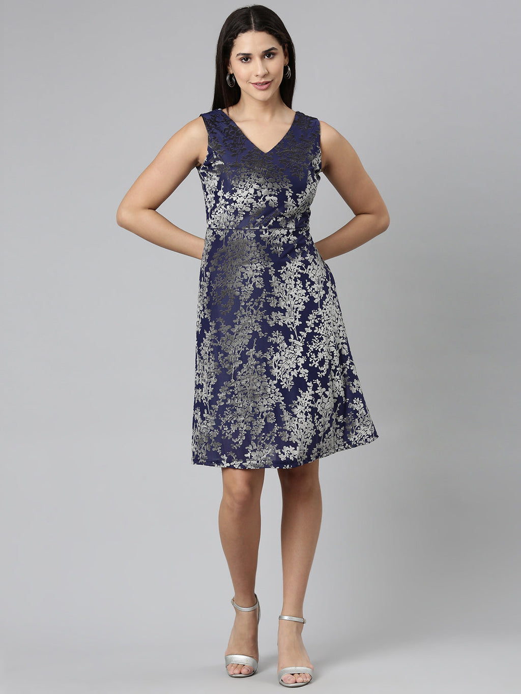 Women's Navy Blue Floral Print V-Neck Smocked Fit & Flare Dress