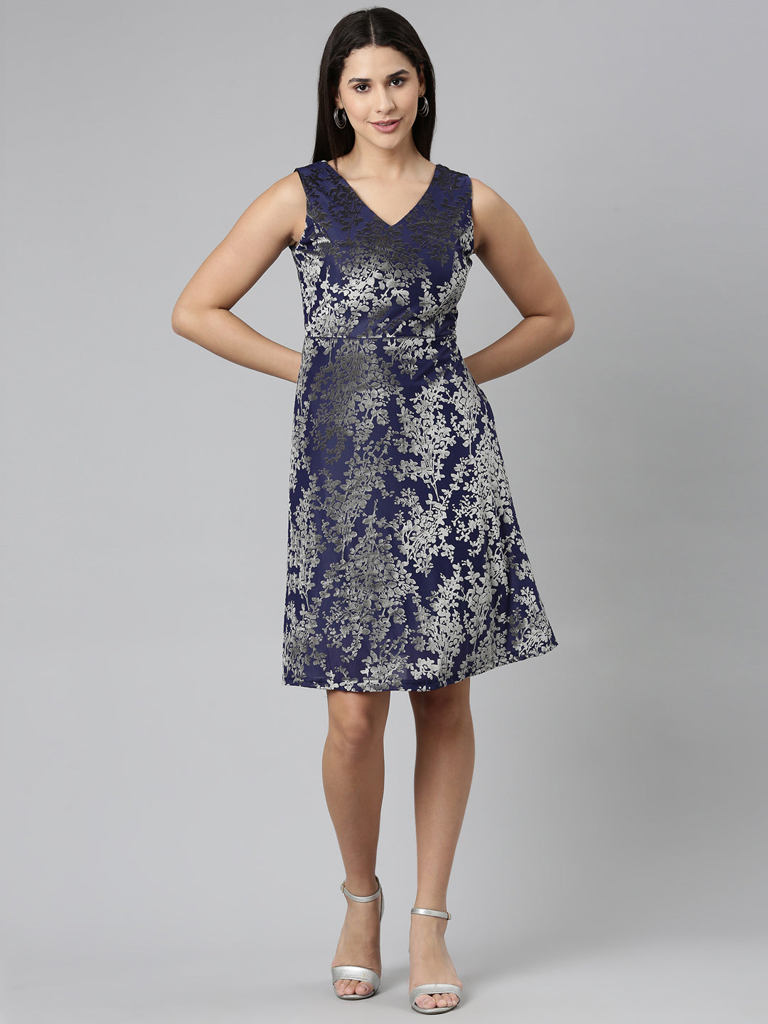 Women's Navy Blue Floral Print V-Neck Smocked Fit & Flare Dress