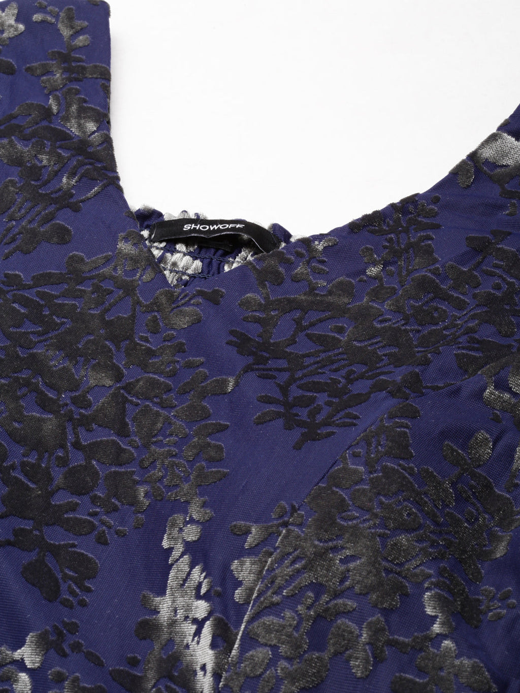 Women's Navy Blue Floral Print V-Neck Smocked Fit & Flare Dress