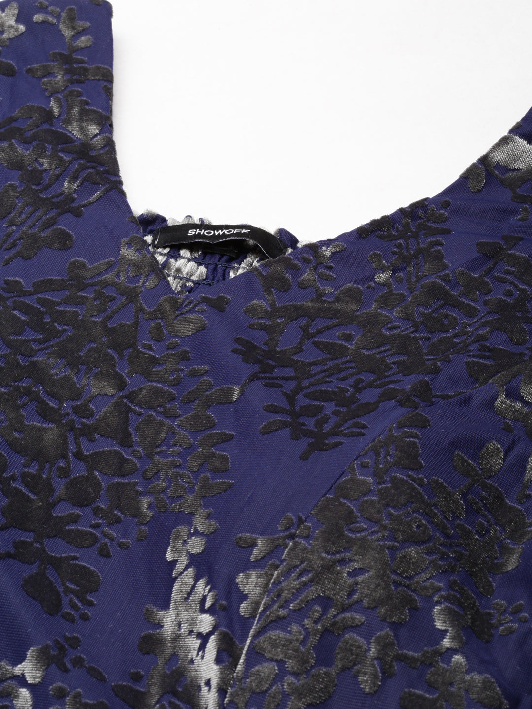 Women's Navy Blue Floral Print V-Neck Smocked Fit & Flare Dress
