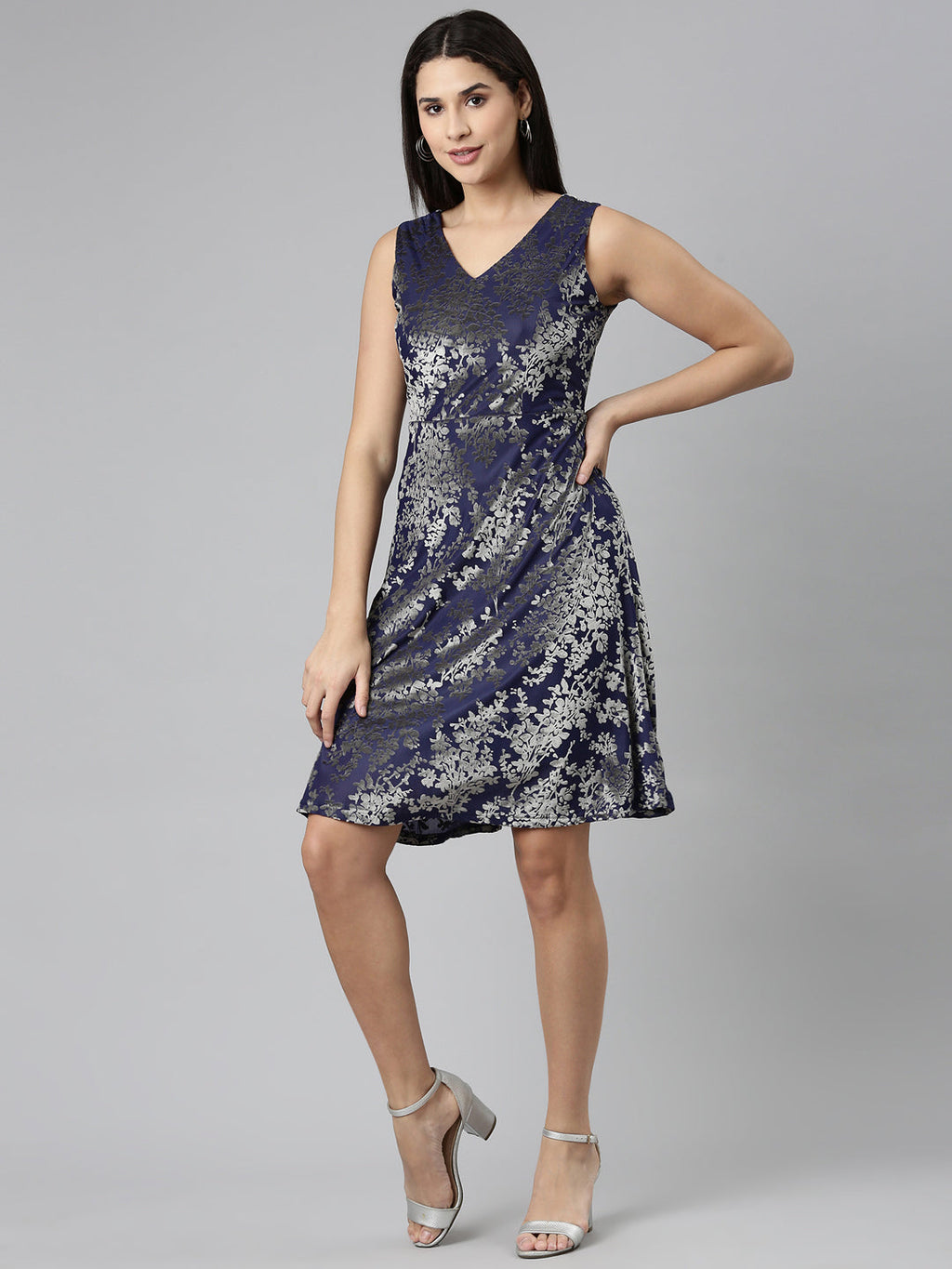 Women's Navy Blue Floral Print V-Neck Smocked Fit & Flare Dress