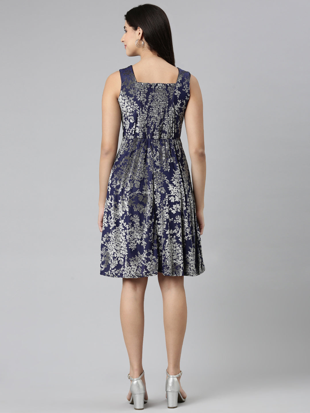 Women's Navy Blue Floral Print V-Neck Smocked Fit & Flare Dress