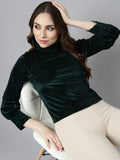 Women's Green High Neck Smocked Fitted Top
