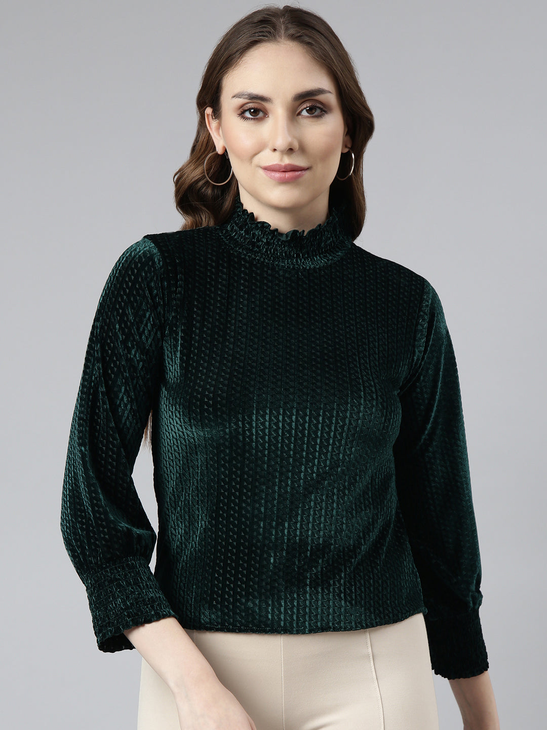 Women's Green High Neck Smocked Fitted Top