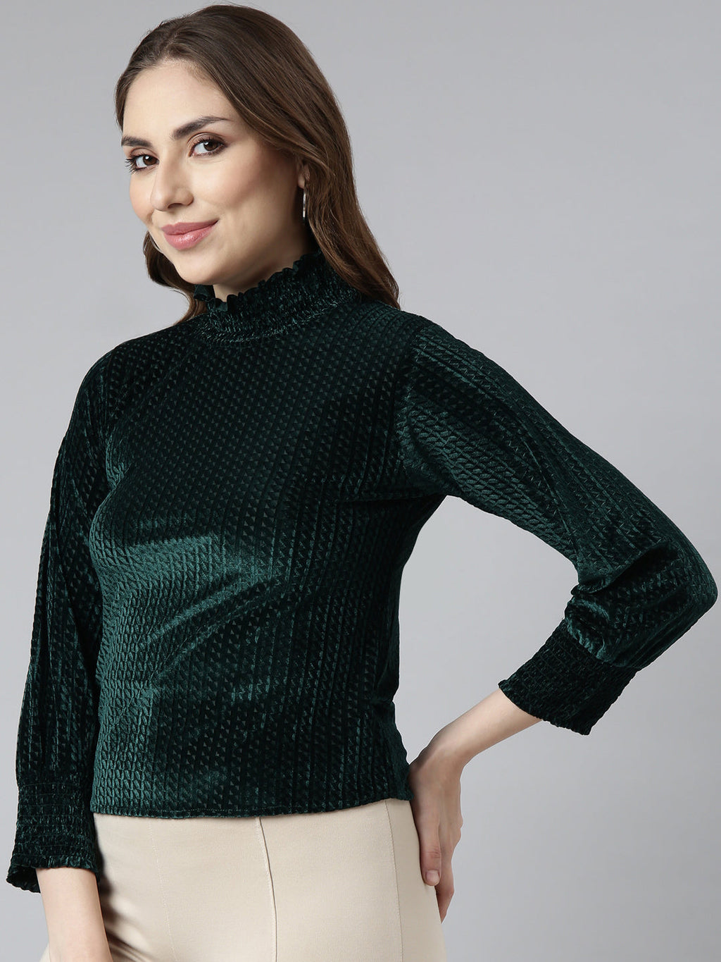 Women's Green High Neck Smocked Fitted Top