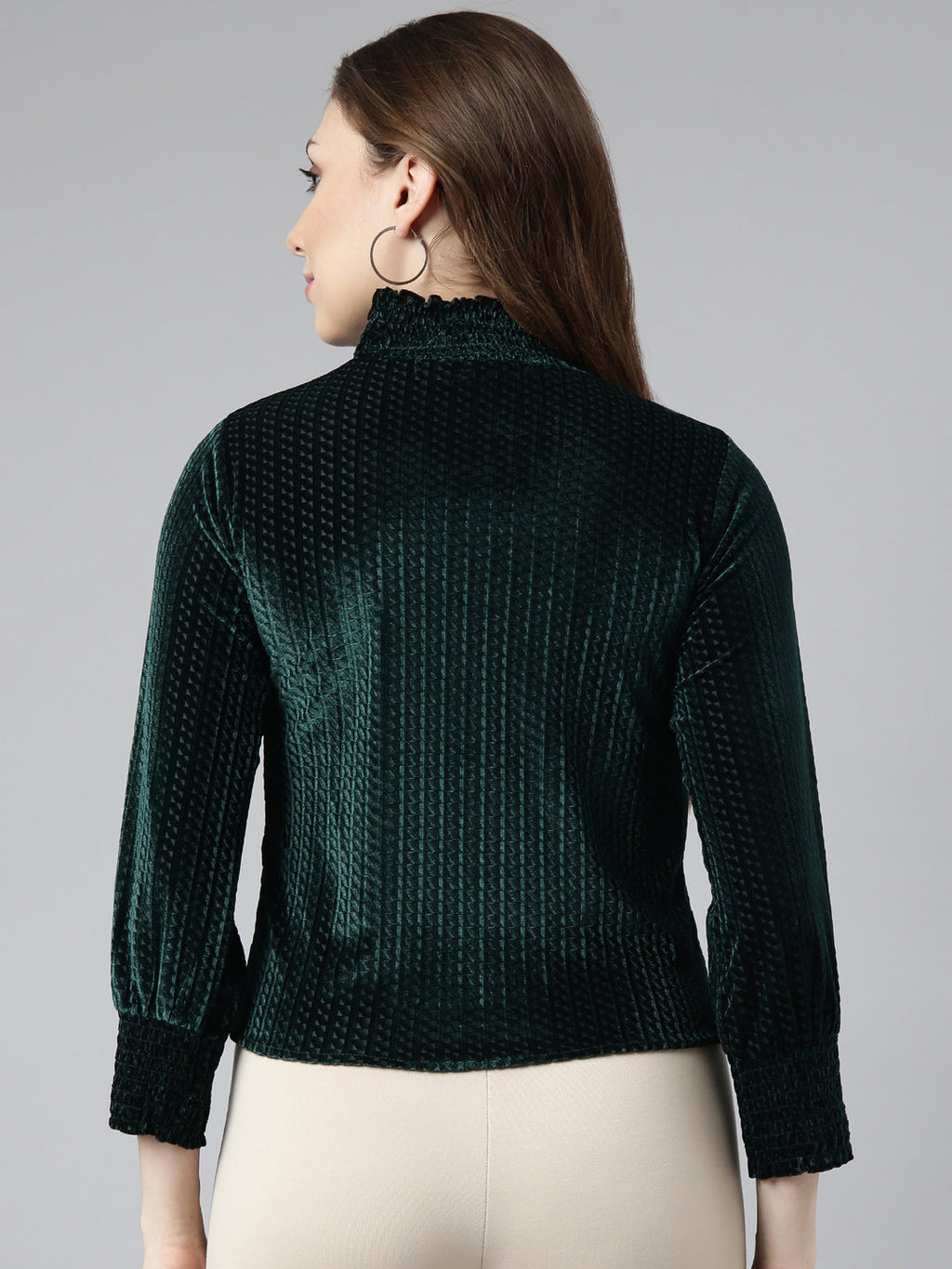Women's Green High Neck Smocked Fitted Top