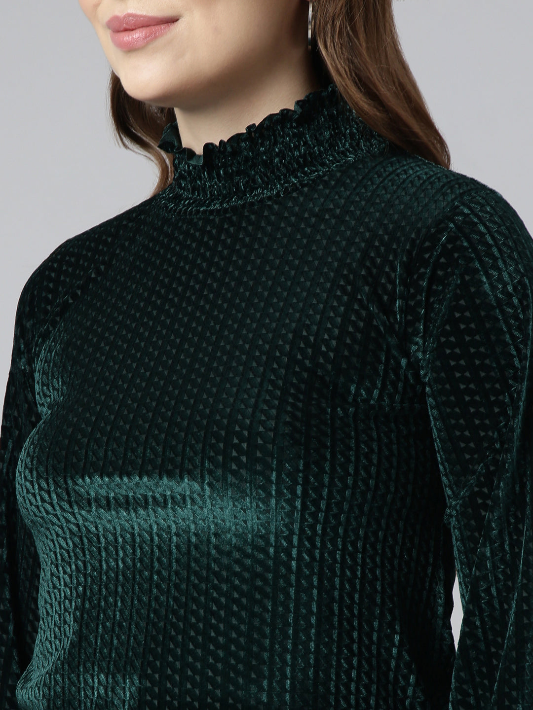 Women's Green High Neck Smocked Fitted Top