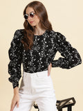 Women's Black Floral Print Puff Sleeve Crepe Top