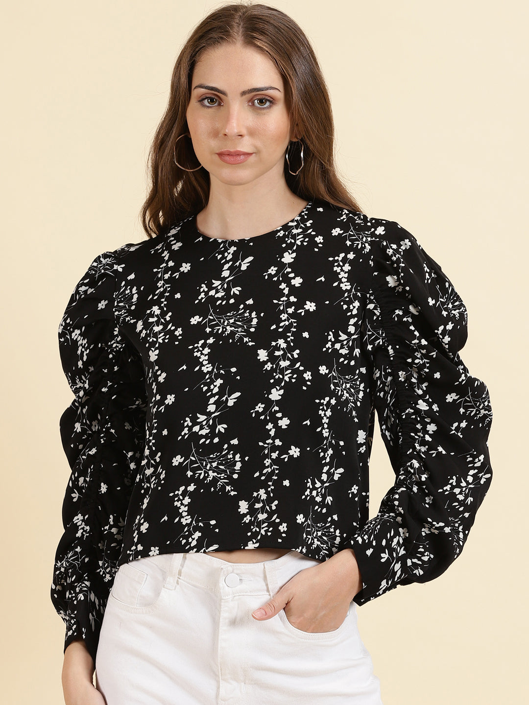 Women's Black Floral Print Puff Sleeve Crepe Top